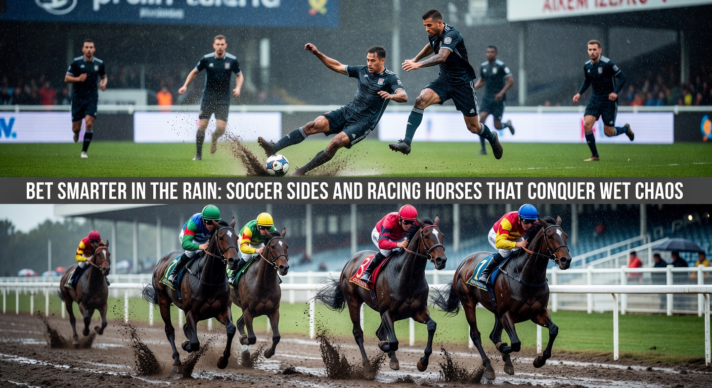 Soccer players battling through a torrential downpour on a waterlogged pitch, highlighting the chaos of wet conditions