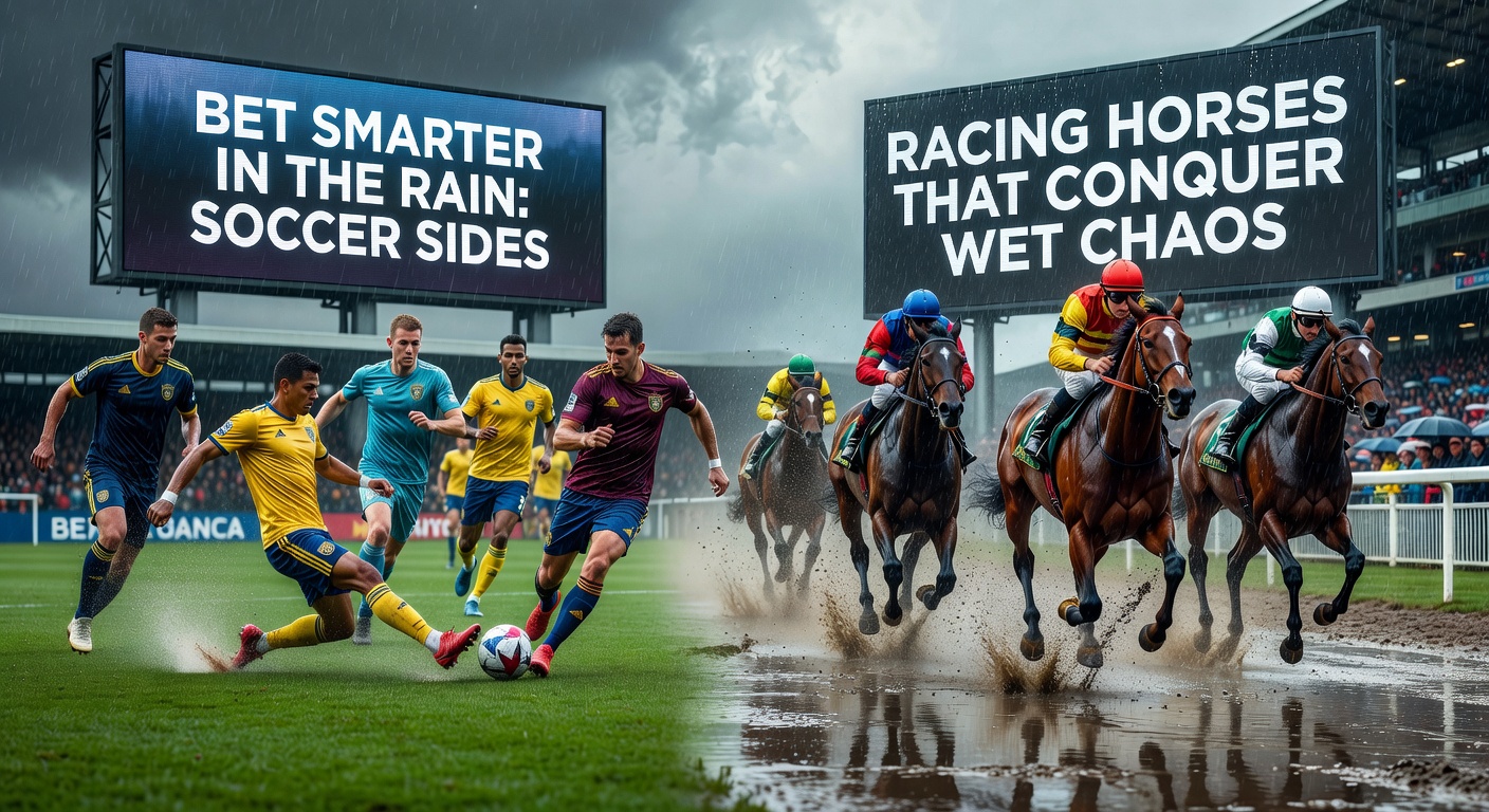 Horse racing on a mud-splattered track during heavy rain, with jockeys pushing through the slop