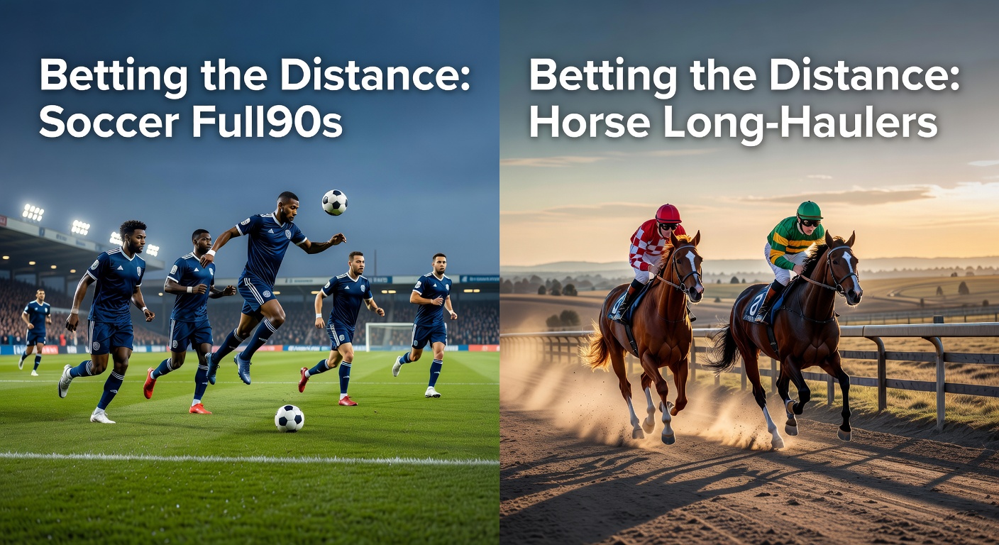 A soccer player pushing through the final minutes of a tense match while a horse thunders down the stretch in a grueling long-distance race, highlighting endurance in betting markets