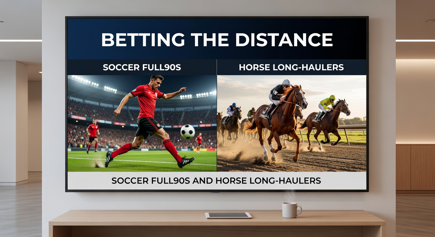 Close-up of a weary soccer defender blocking a late shot as a long-distance horse racer strains for the wire, capturing the raw test of stamina in full90 soccer and staying horse races