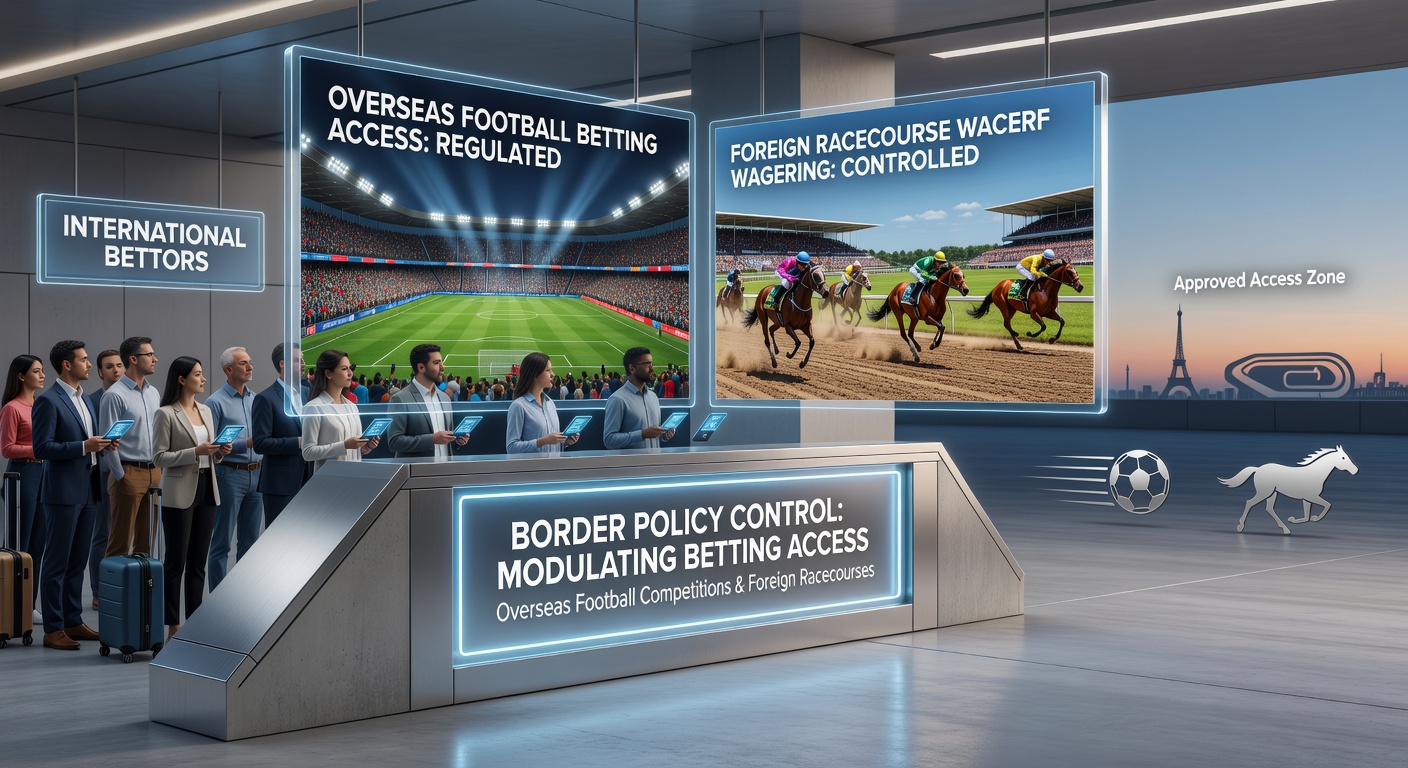 Border checkpoint with international flags representing restrictions on cross-border betting access for football and horse racing