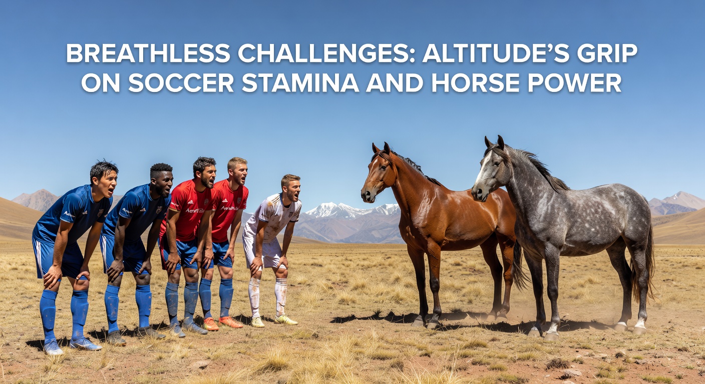 Thoroughbred horses thundering down a high-altitude track, sweat flying as they battle oxygen scarcity for stamina supremacy