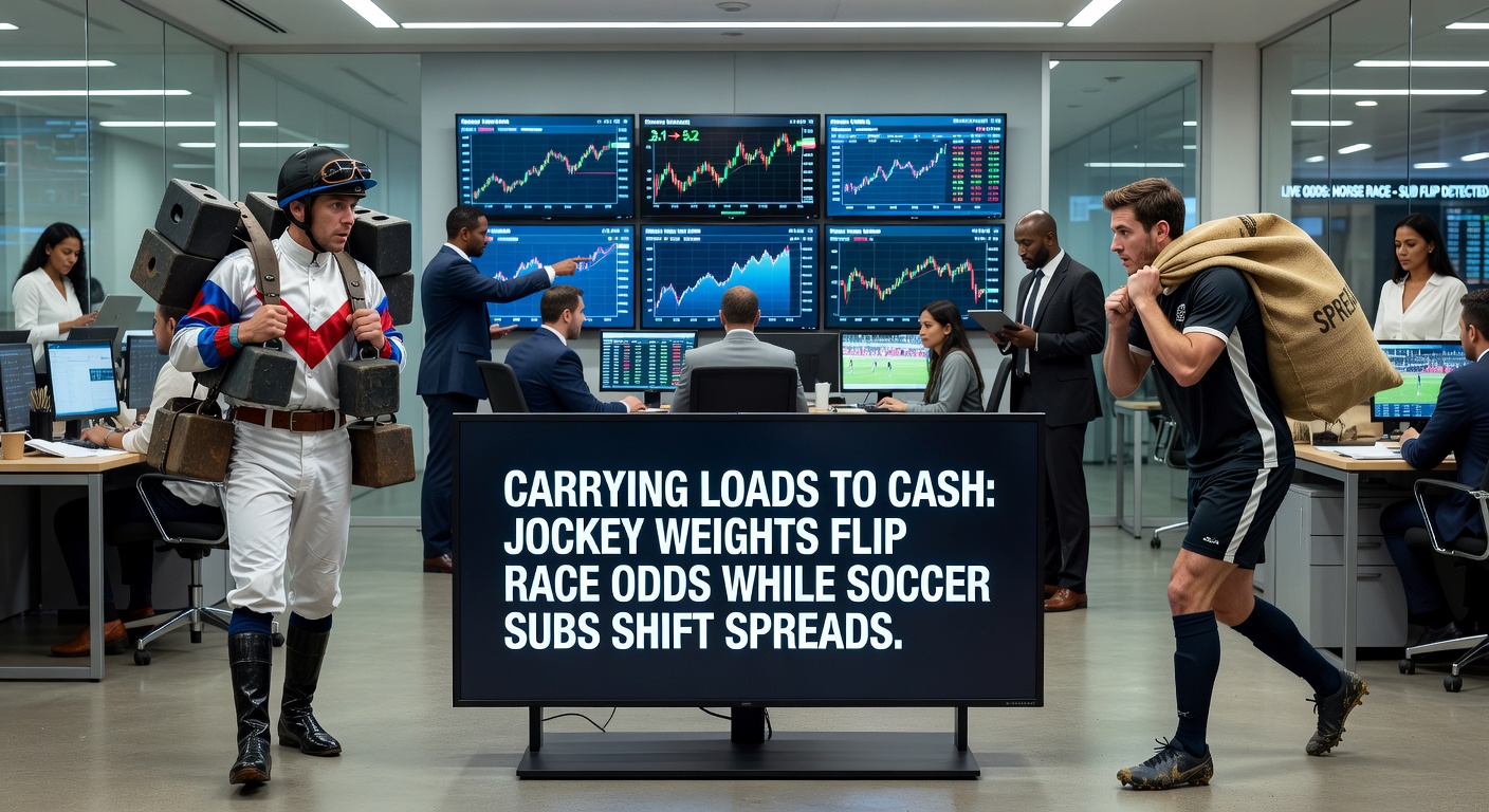 Jockey adjusting weight cloths on a horse ahead of a handicap race, scales nearby highlighting precise measurements