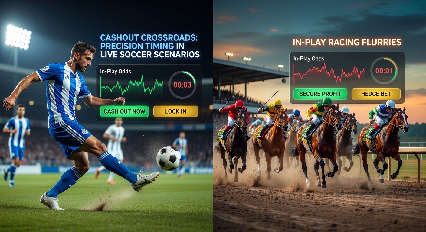 Horse racing in-play scene with horses charging down the straight, betting app screen showing cashout option amid flurry of positions changing