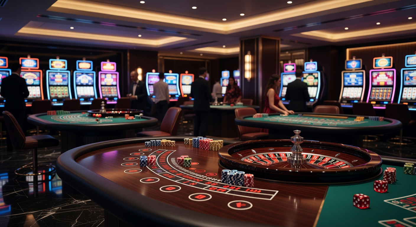 Vibrant casino floor with roulette wheels, blackjack tables, and slot machines under colorful lights