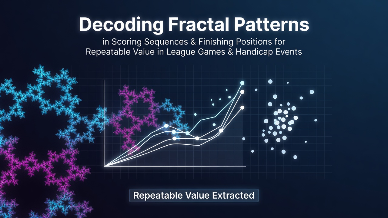 Fractal analysis diagram showing self-similar scoring sequences in football matches overlaid with horse racing finish line data