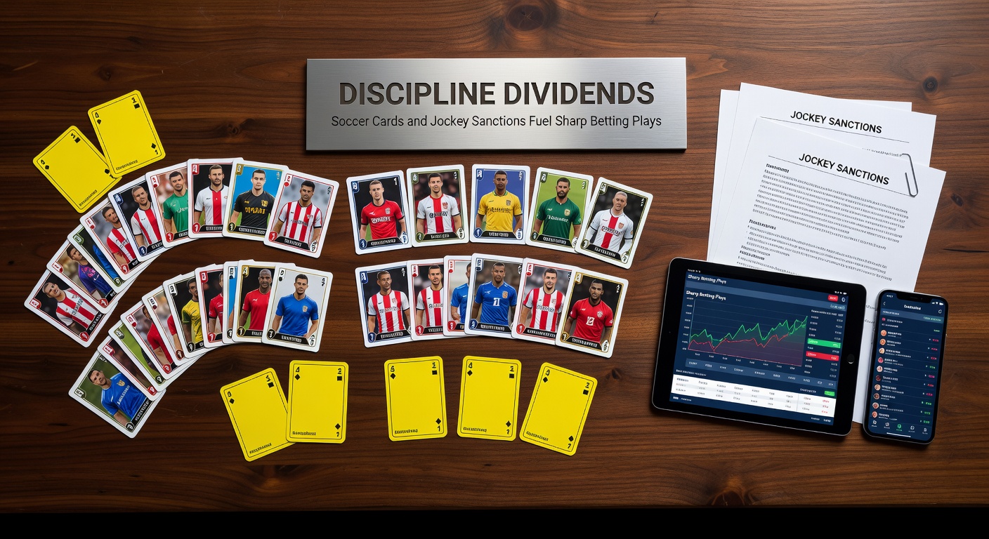 A soccer referee issuing a yellow card during a tense match, with a jockey facing stewards in the background, highlighting discipline's role in betting edges