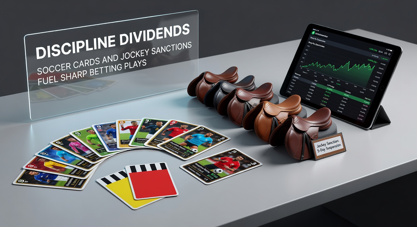 Close-up of a jockey reviewing a stewards' inquiry notice beside a soccer player checking a suspension list, symbolizing sanction impacts on odds