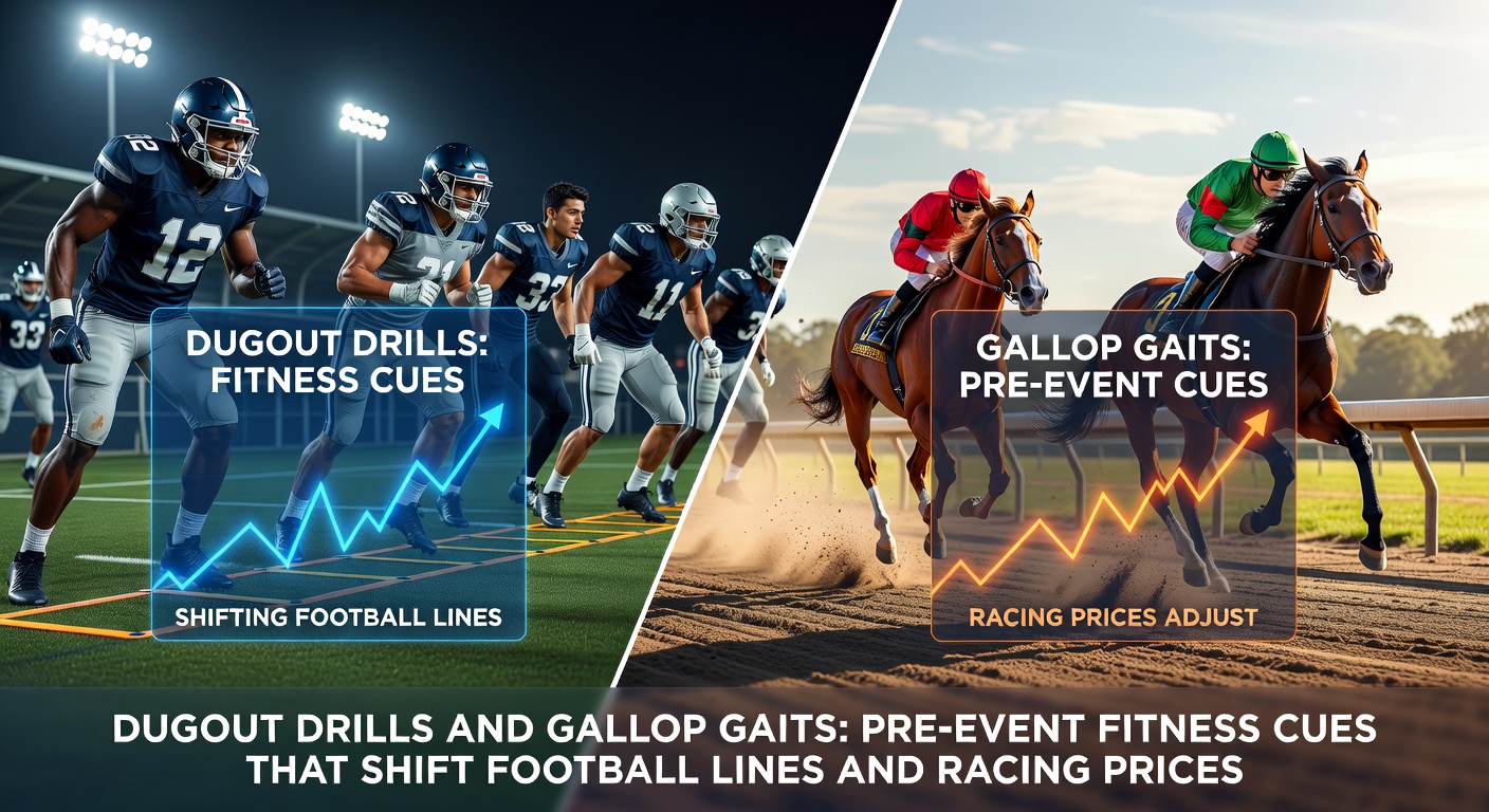 Football players performing intense dugout drills under stadium lights, with coaches directing sharp passes and sprints that hint at peak fitness levels