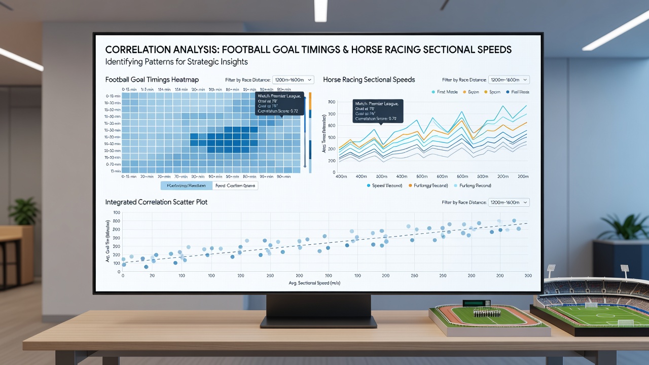 Data visualization showing correlation coefficients between football goal intervals and equine sectional pace variations