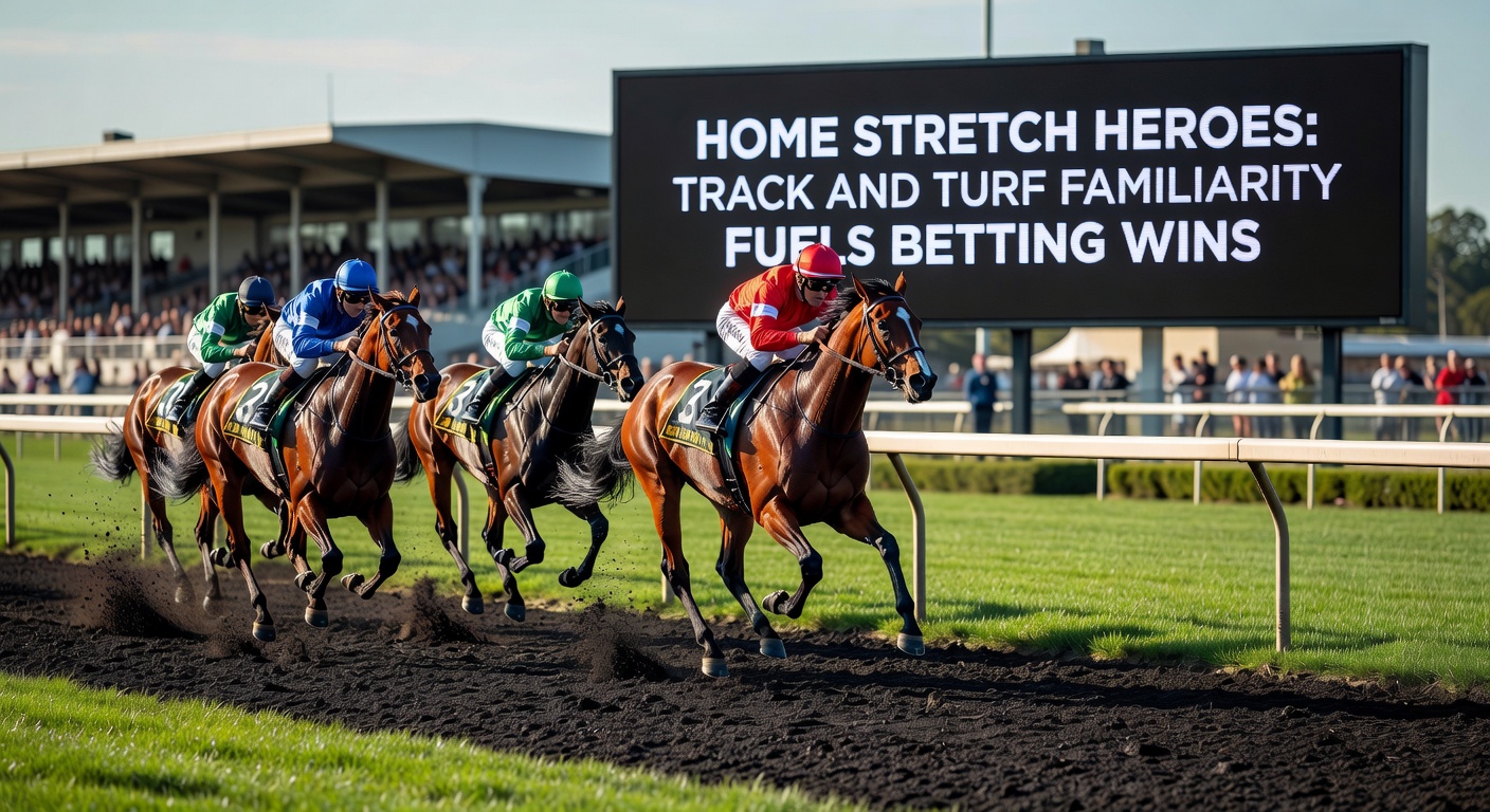 A horse charges down the home stretch at a familiar turf track, crowd cheering in the background, highlighting track familiarity in racing