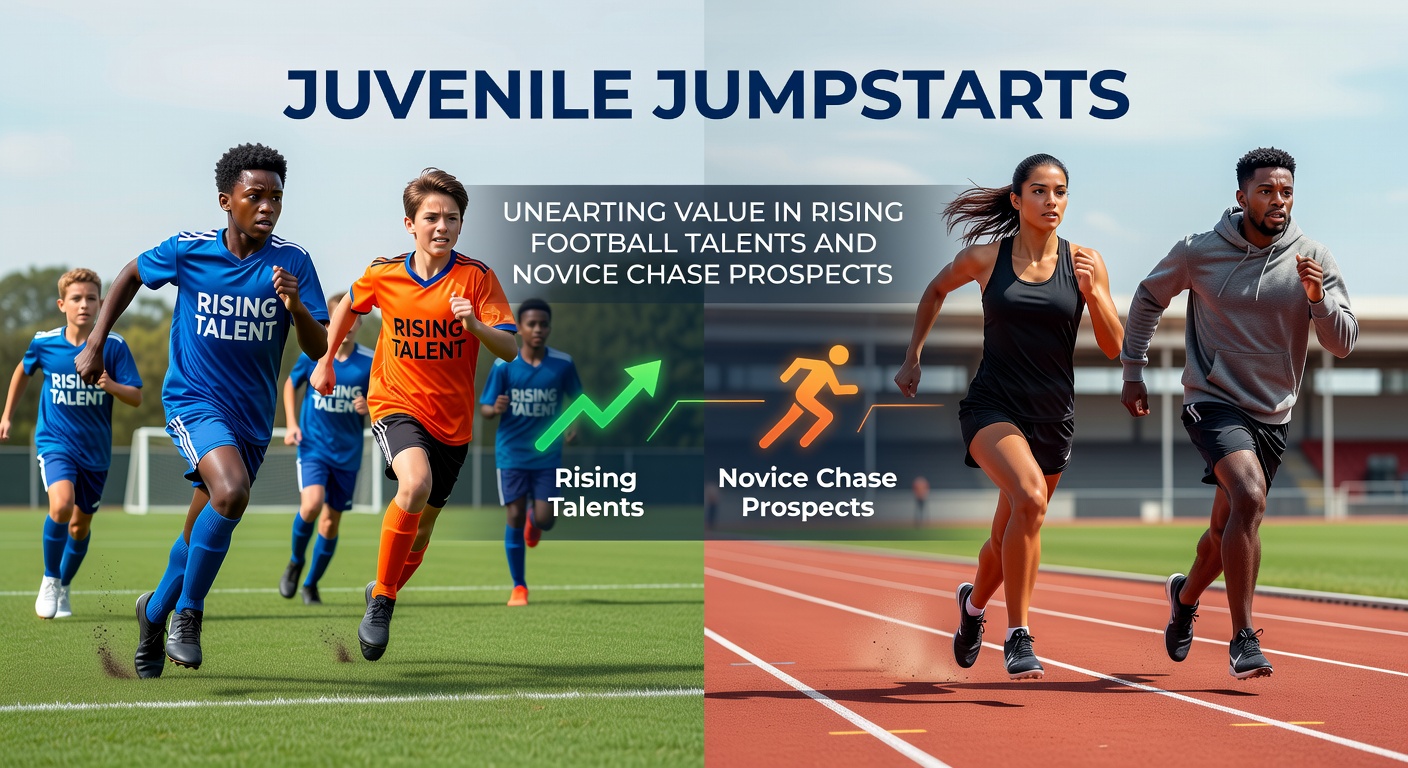 Young football player celebrating a goal alongside a novice chase horse mid-jump at a racecourse, highlighting emerging talents in both sports