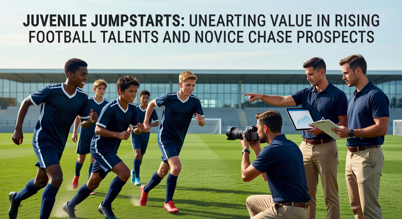 Close-up of a novice chase horse clearing a fence with jockey urging it on, next to a young footballer dribbling past defenders, symbolizing high-potential prospects