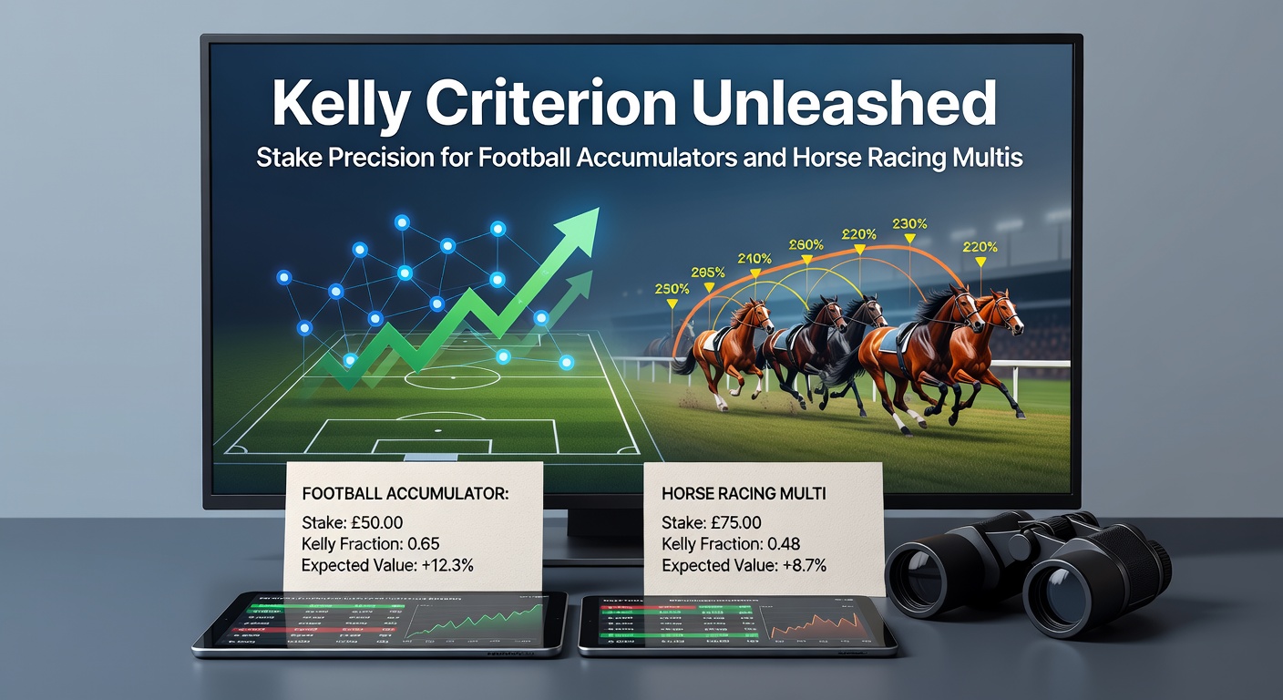 Graph illustrating Kelly Criterion bankroll growth curves for accumulator bets in football and multis in horse racing, showing optimal staking versus flat staking over multiple bets