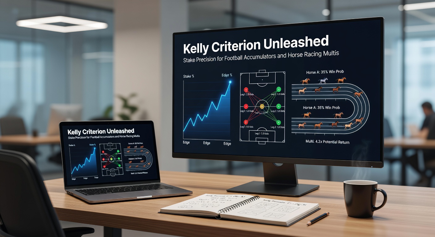 Close-up of a bet slip showing Kelly-calculated stakes for a horse racing multi bet alongside a football accumulator, with overlaid probability charts and bankroll projections