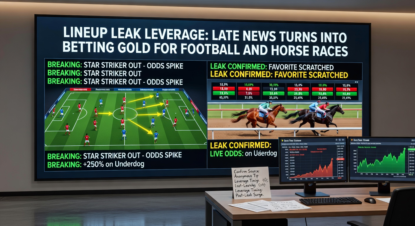 A dynamic scene of a football stadium packed with fans under floodlights, overlaid with racing odds boards showing shifting lines, capturing the thrill of late lineup reveals and their impact on bets