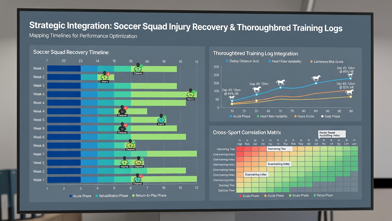 Thoroughbred horse on a training track with overlaid recovery timeline charts and veterinary notes