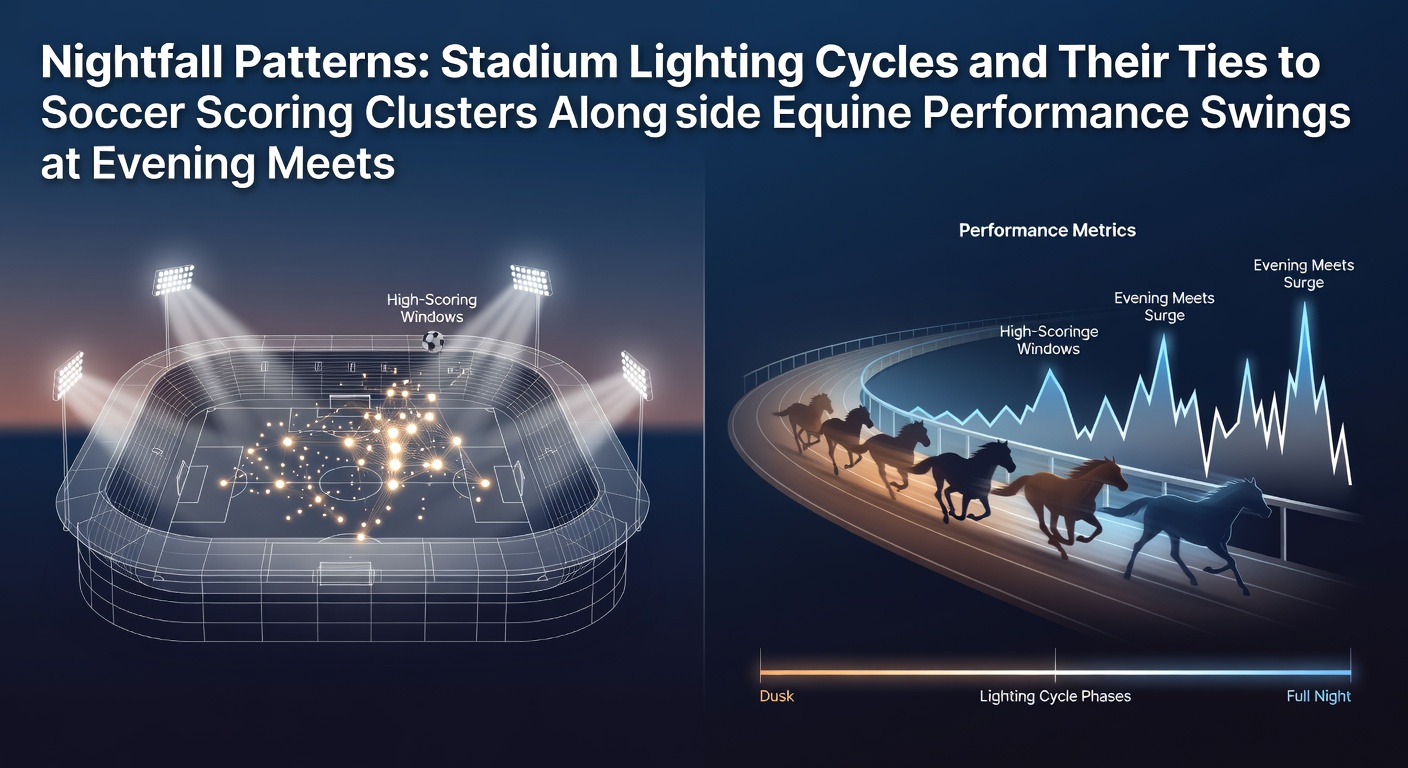 Stadium lights illuminating a soccer pitch at dusk with players adapting to evening conditions