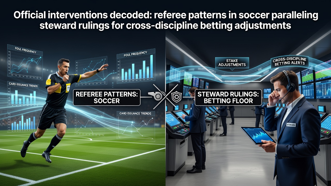 Soccer referee reviewing VAR footage during a match while lines are adjusted in live betting markets