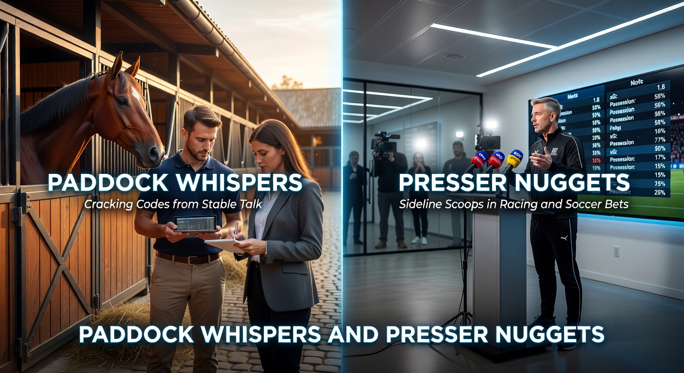 Trainer leaning in close to a horse in the bustling paddock before a race, capturing the intensity of stable-side conversations