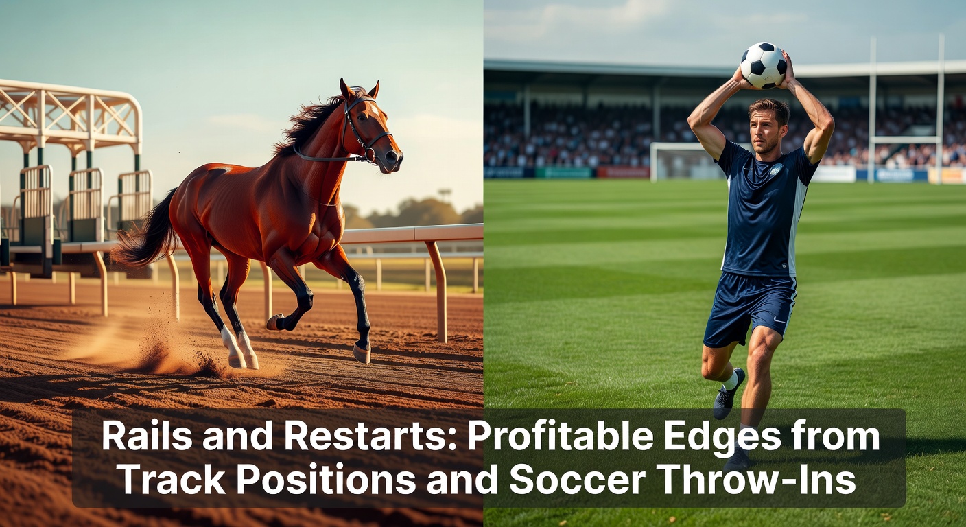 Horse racing field navigating tight rails on a turn, with a soccer player mid-throw-in on a wet pitch