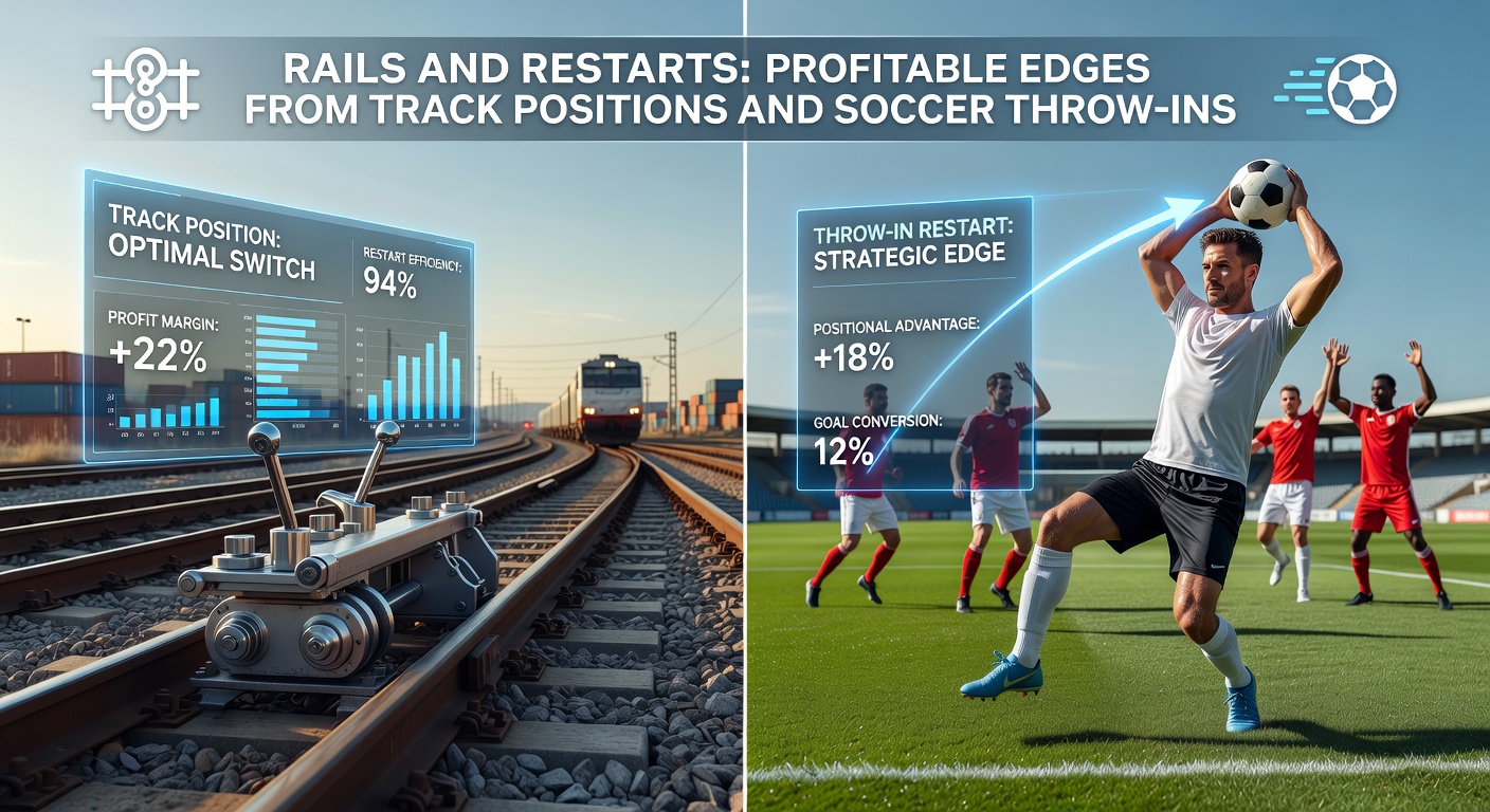 Close-up of a jockey guiding horse along the rail during a tight race finish, juxtaposed with a cluster of soccer players contesting a throw-in near the goal line