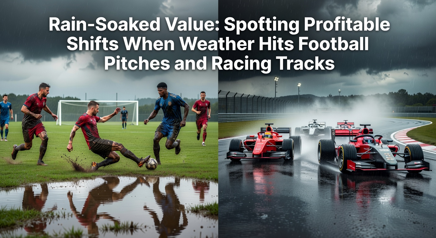 Heavy rain drenching a football pitch mid-match, with players slipping on the waterlogged surface