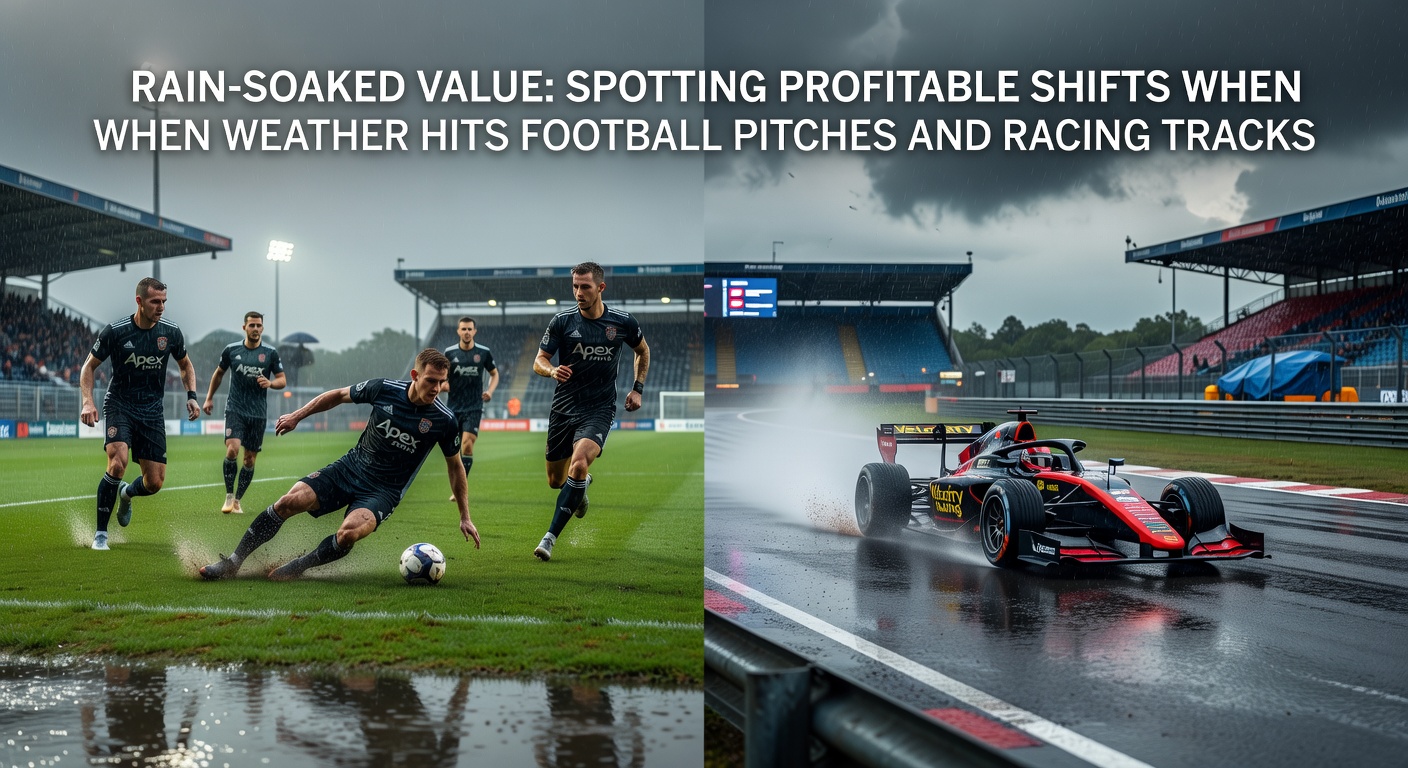 Horses splashing through deep mud on a rain-drenched racecourse, jockeys urging them forward amid standing water