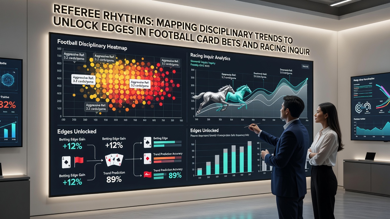 Detailed view of a football referee's notebook and a horse racing inquiry video review screen showing multiple camera angles