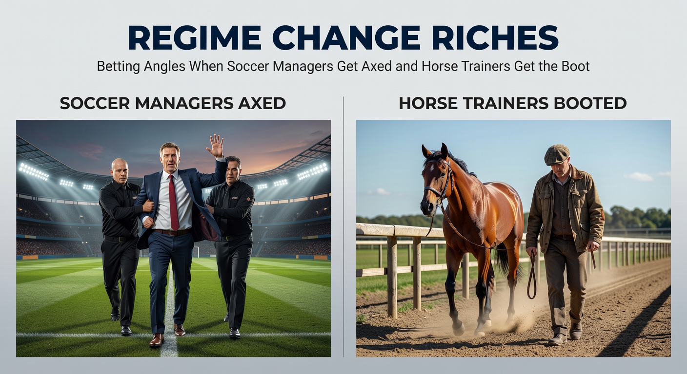 A soccer manager walking off the pitch dejectedly while a horse trainer packs up gear in a stable, symbolizing leadership shakeups in sports betting contexts