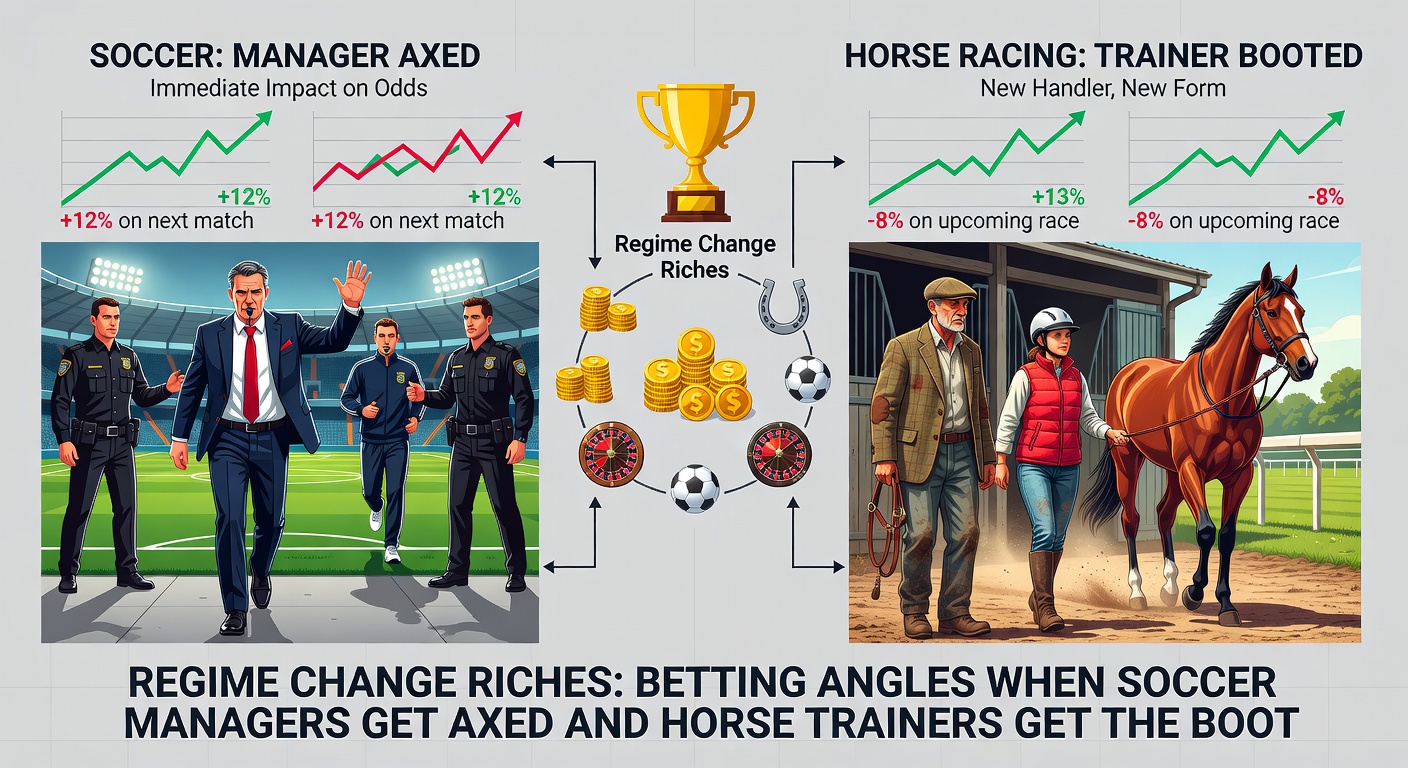 Horse in full gallop on a wet track with a new trainer signaling from the sidelines, capturing the momentum shift after a regime change in racing