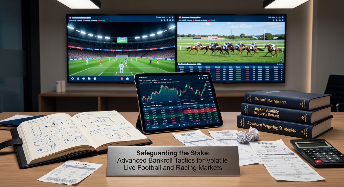 Close-up of a trader's screen displaying live odds fluctuations in a football match and horse race, with bankroll tracker overlay