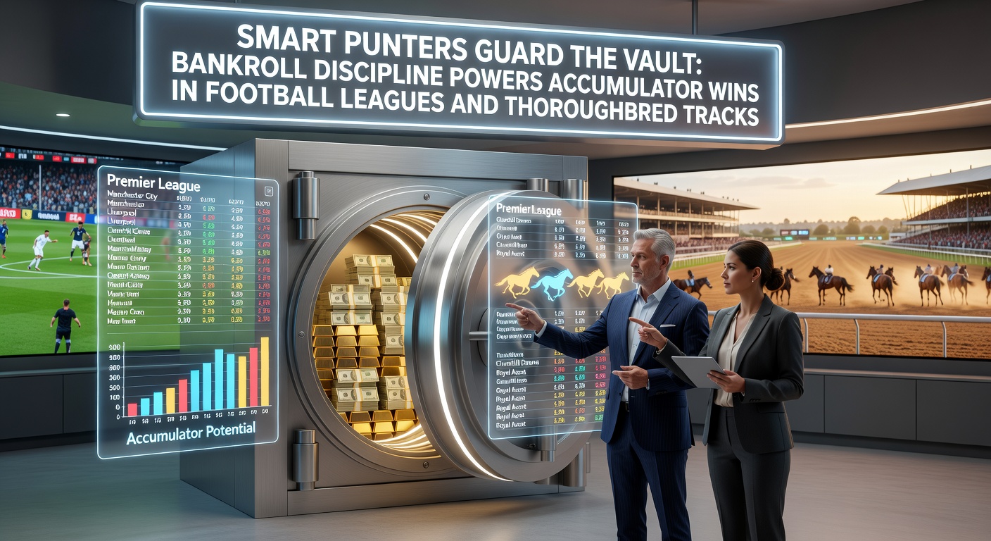A vault door with locks symbolizing secure bankroll management in betting, overlaid with football pitch and race track graphics