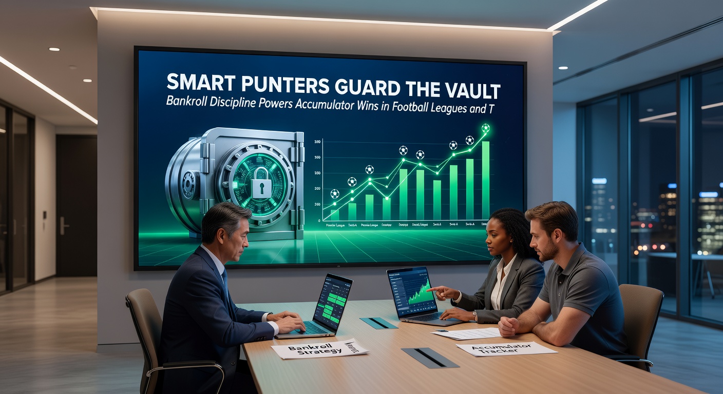 Horse racing accumulator slip alongside a football betting coupon, illustrating multi-leg bets with bankroll tracking charts