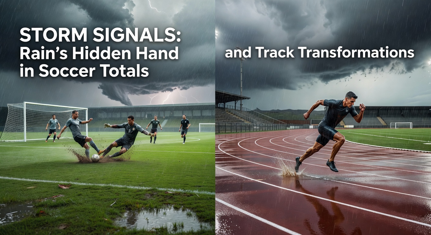 Horse racing on a transformed soft track under rainy skies, jockeys pushing through mud