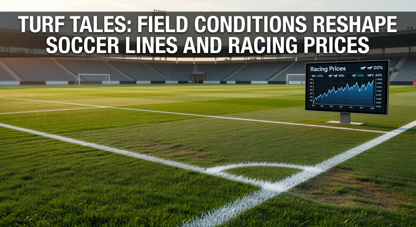 A soccer player navigating a waterlogged pitch under heavy rain, with mud splashing from the ball, highlighting how field conditions challenge footing and strategy