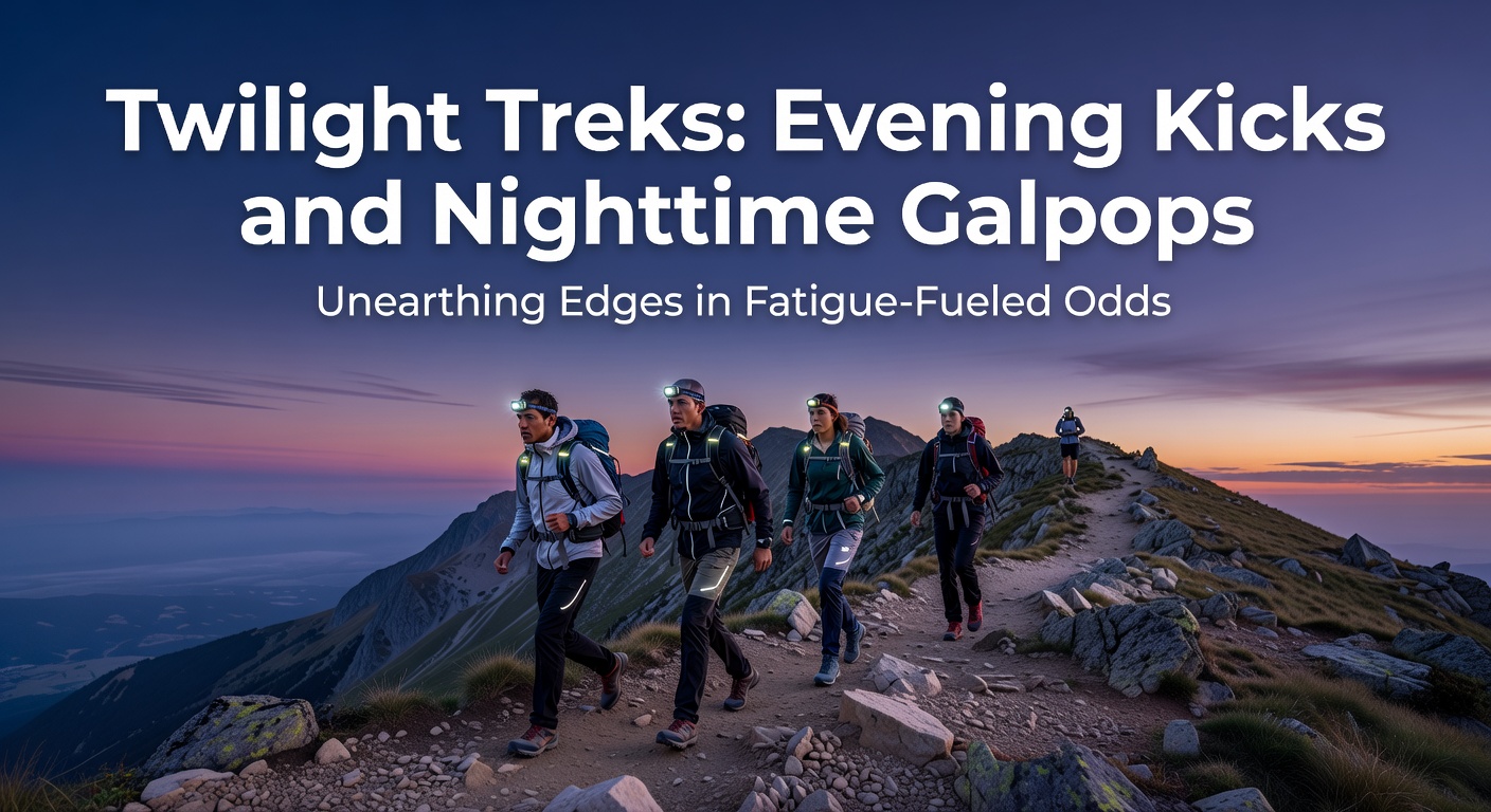 Floodlit football pitch at dusk with players jogging wearily during an evening match, highlighting fatigue under twilight conditions