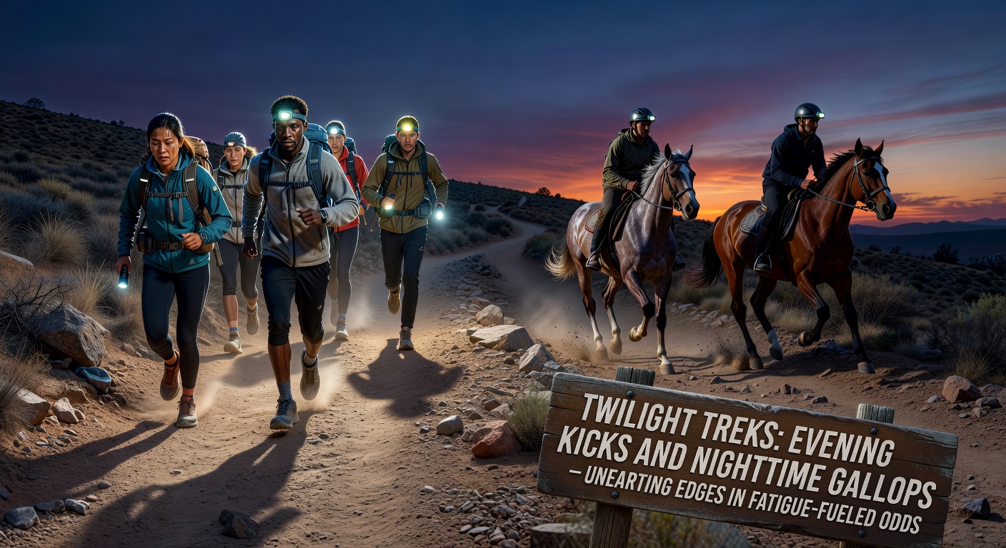 Nighttime horse race under bright track lights, with jockey urging a weary galloper down the straight, capturing the strain of late-hour racing