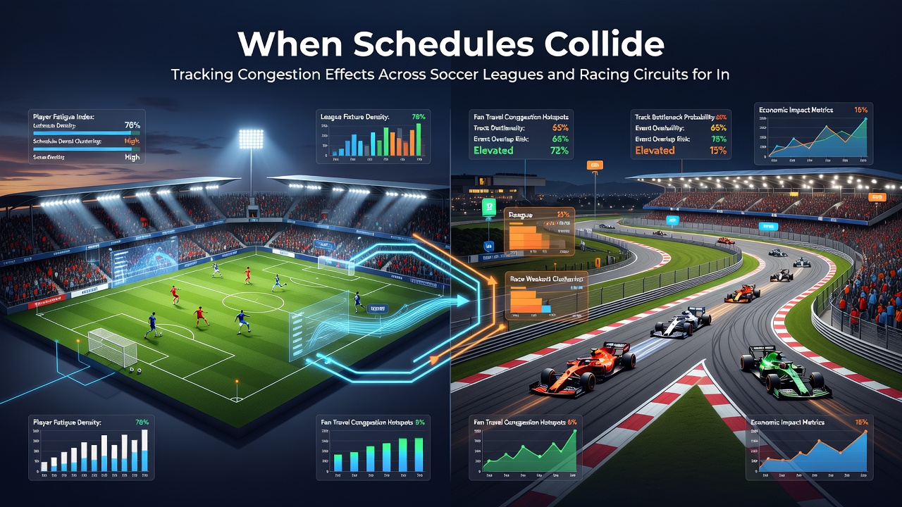 Calendar grid showing soccer fixtures and horse race meetings colliding across multiple venues in a single month